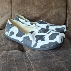 Toms Cow Print Slip-On Shoes 10 Black White